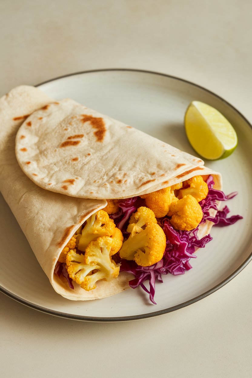 Indoor plate with soft tortillas filled with golden curry-spiced cauliflower florets and shredded red cabbage, lime wedge on the side. No text or logos present.