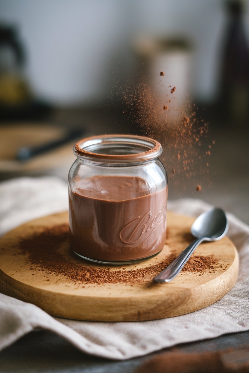 Indoor jar of silky chocolate pudding with a small spoon, cocoa powder dusted lightly around. No text or logos.