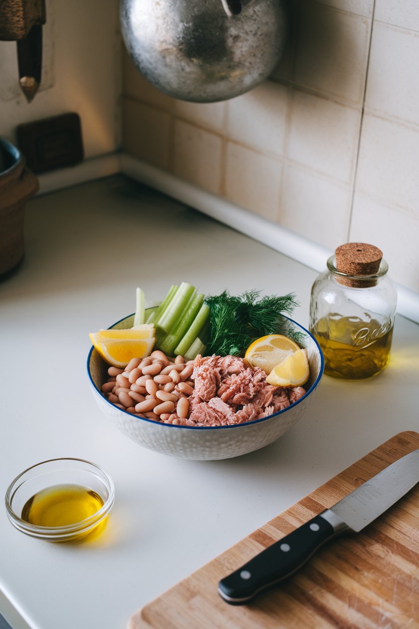 Indoor kitchen counter with a bowl of canned tuna, cannellini beans, chopped celery, dill, and lemon wedges. Photo only, no text or logos.