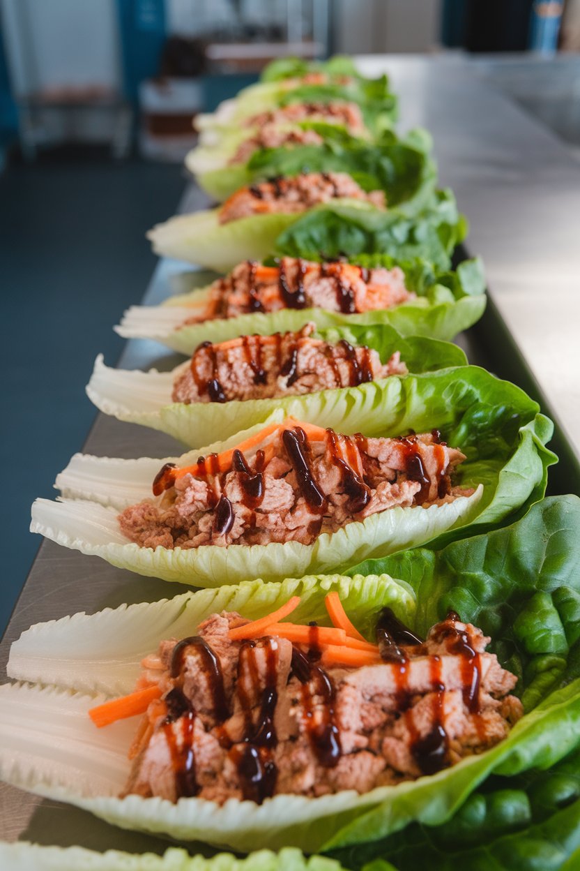 A row of iceberg lettuce leaves on an indoor counter, each filled with ground turkey, shredded carrot, and a drizzle of light soy sauce. No logos. Photo.