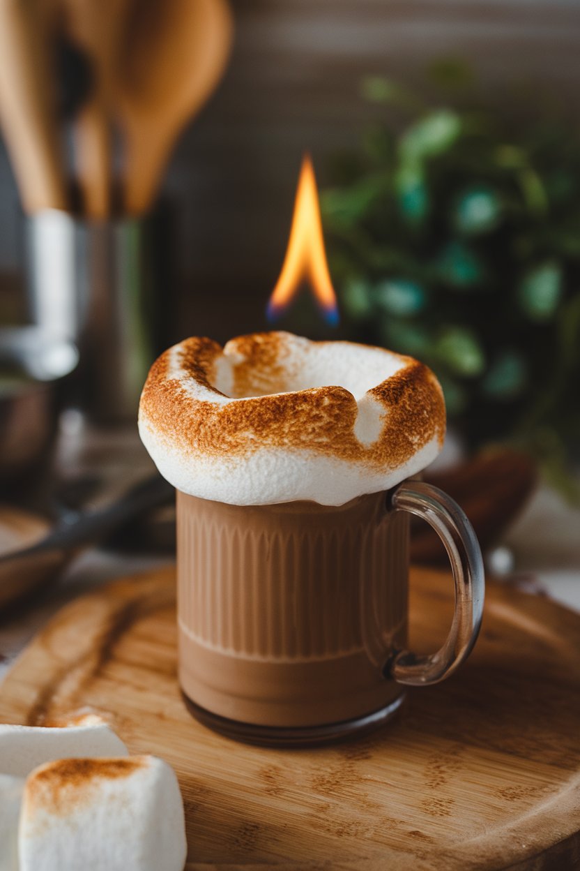 Indoor camp-style kitchen with a mug of mocha crowned by a torched marshmallow that’s golden brown and gooey. No brand names or text. Photo only.