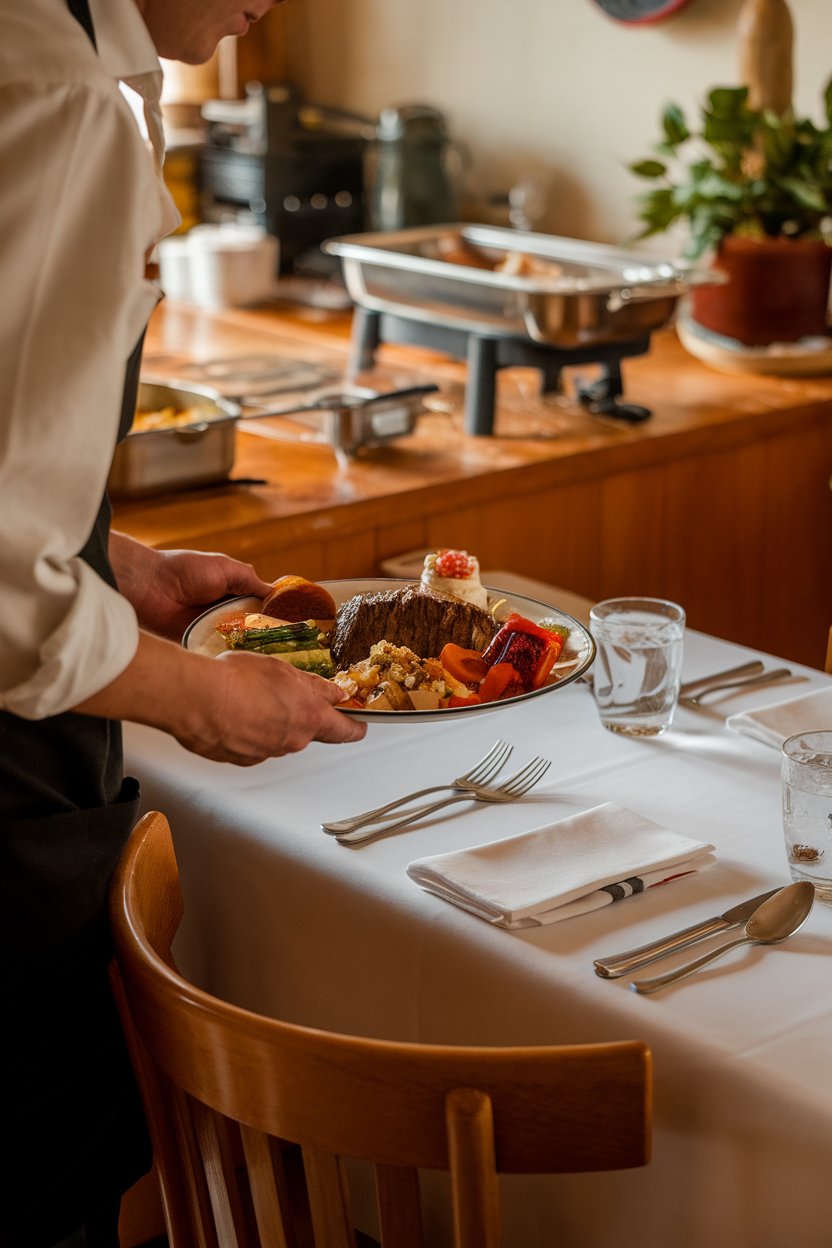 Indoor candid photo of a diner carrying a filled plate to a neatly set table, leaving the serving dishes on the counter. Warm home lighting, no text or logos.