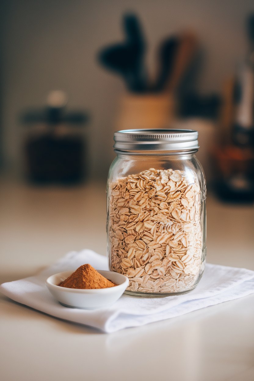 Indoor photo of a mason jar of plain rolled oats beside a small dish of ground cinnamon, clean countertop, no text or logos
