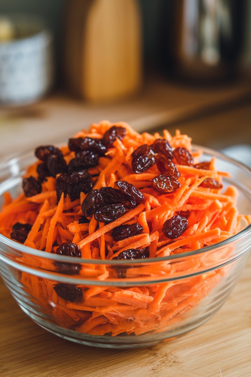 Indoor photo of shredded carrots tossed with plump raisins in a clear glass bowl, light honey glaze visible. No text or logos; photograph.