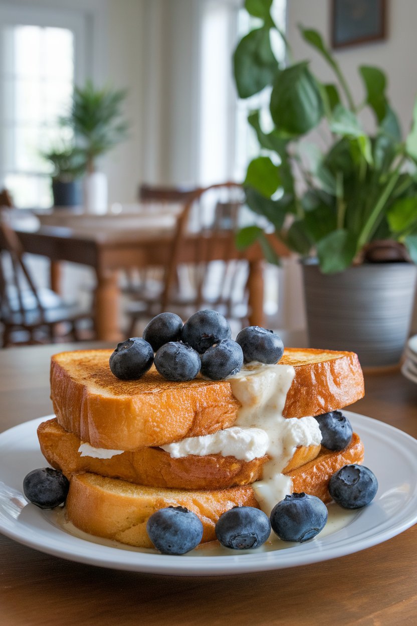 Indoor dining room scene with two thick slices of golden French toast sandwiched around creamy ricotta and topped with fresh blueberries. Photo, no text or logos visible.
