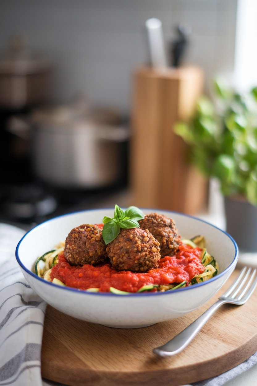 An indoor bowl showcasing lentil meatballs over marinara-coated zucchini noodles with fresh basil. No text or logos visible. Photo only.