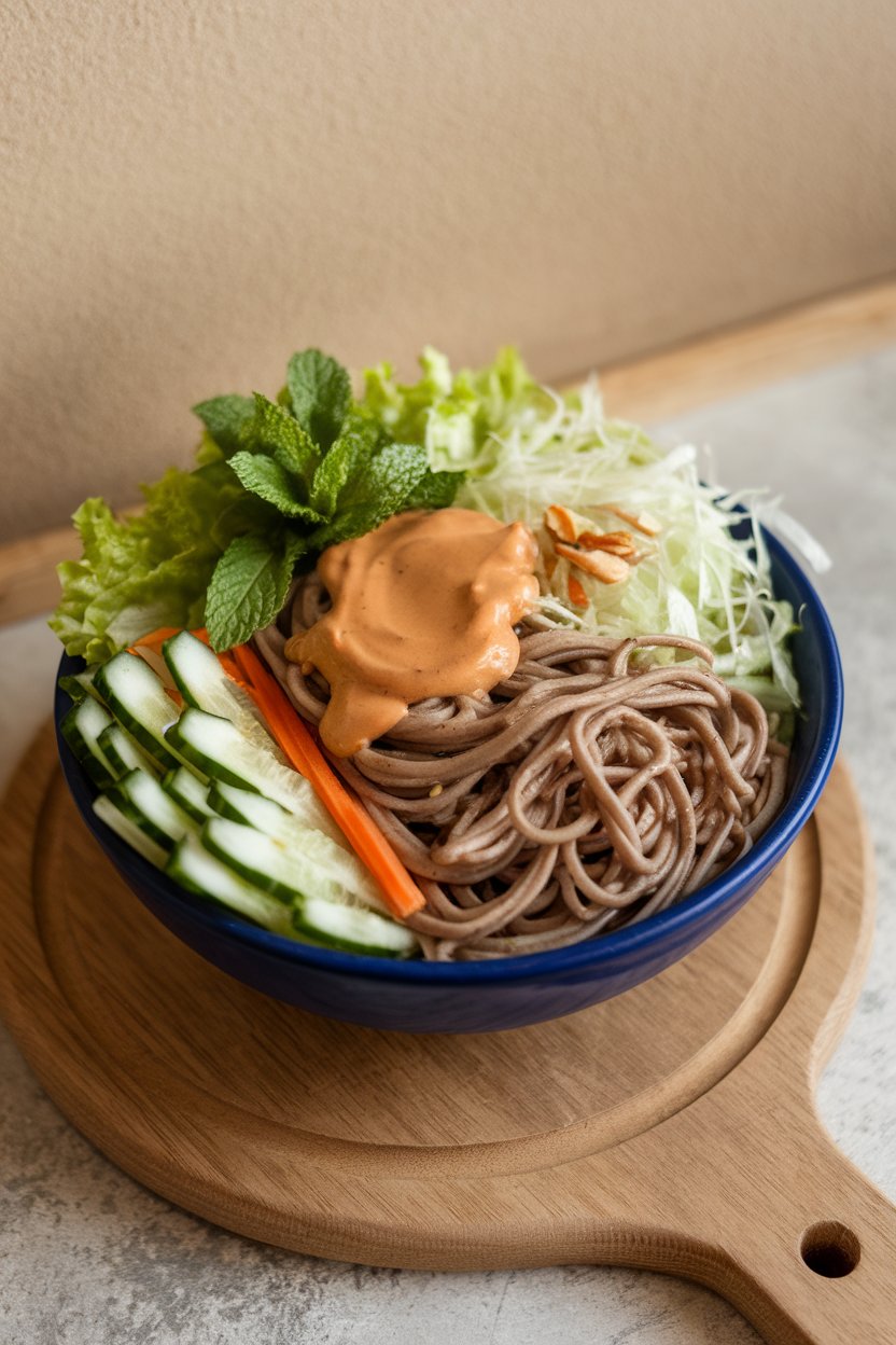 Indoor bowl with soba noodles, shredded lettuce, julienned cucumber, carrot, mint, and peanut dipping sauce drizzled over. No text or logos.