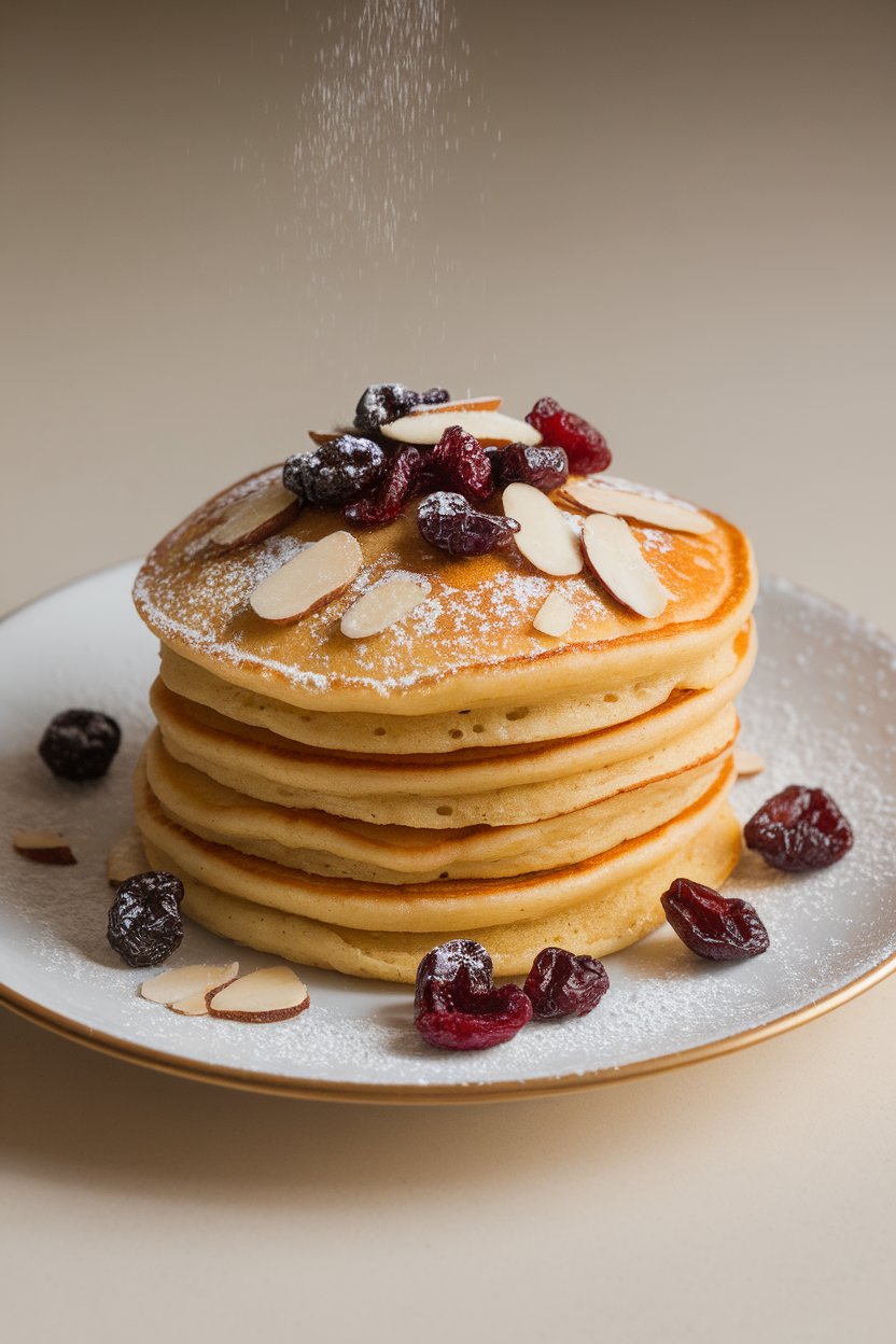 Indoor plate with golden pancakes sprinkled with dried mulberries and sliced almonds, no logos.