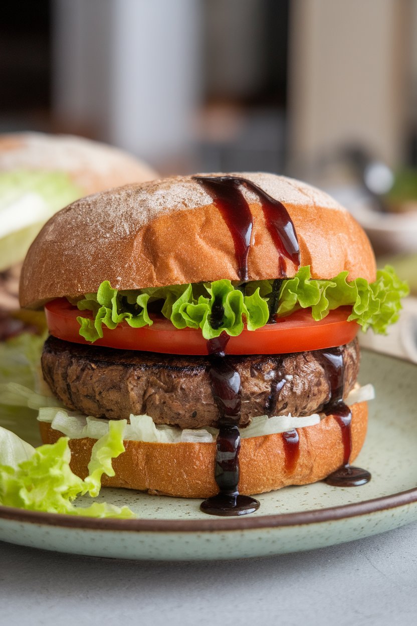 Photo, indoors, assembled portobello burger on whole-grain bun with lettuce, tomato, and balsamic glaze dripping slightly. No text or logos on plate.
