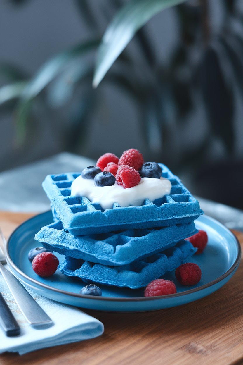Indoor photo of blue corn waffles stacked on a plate with Greek yogurt and fresh berries on top, no text or logos