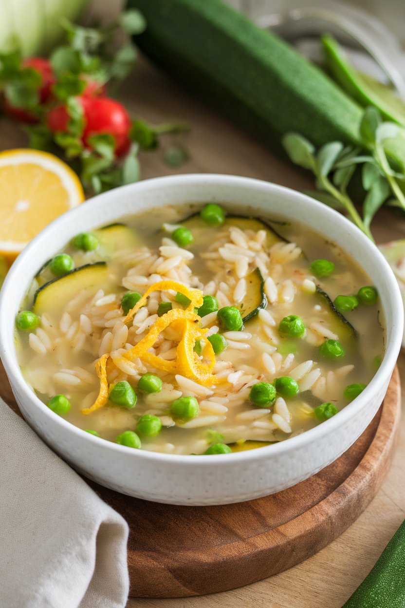 Indoor photo of a light vegetable soup featuring orzo pasta, zucchini, peas, and lemon zest visible on the surface; no text or logos
