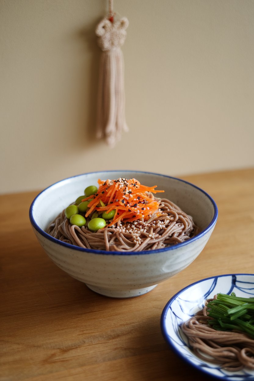 Photo of an indoor table setup showing a bowl of buckwheat soba noodles topped with edamame, carrots, and sesame seeds, no text or logos
