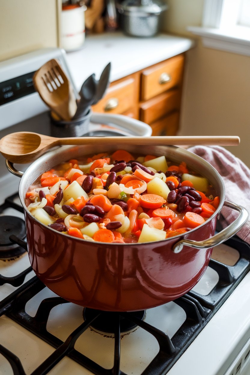 An indoor stovetop pot of vegetable bean soup simmering, ladle resting on side, no text or logos, photo only