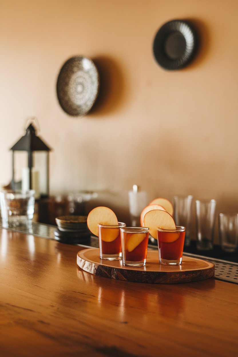 Photo of cinnamon-amber shots with a thin apple slice resting on the rim, indoor wooden bar; no text or logos.