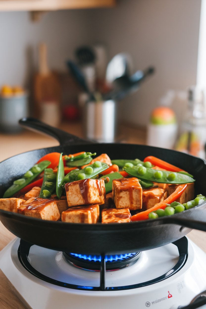 Indoor photo of tofu cubes glazed in teriyaki sauce with snap peas and bell peppers in a skillet. No text or logos.