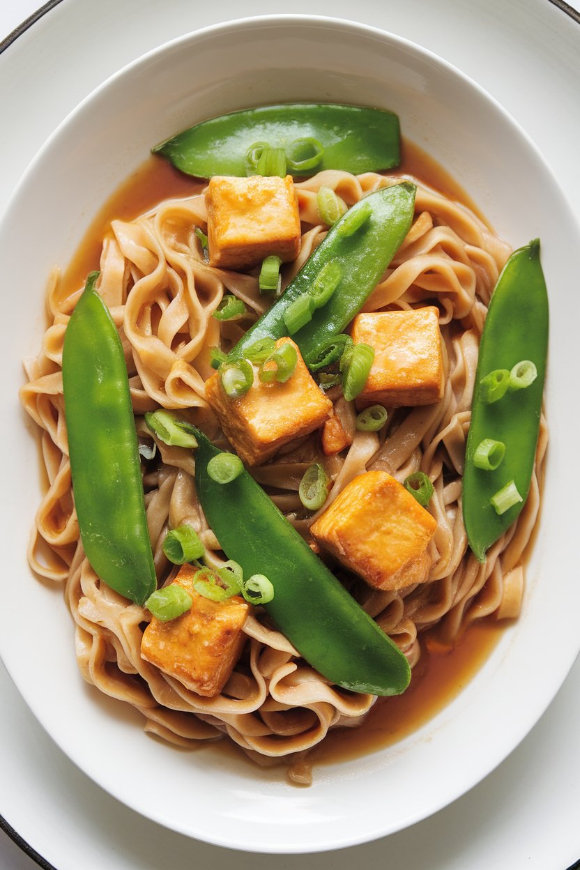Indoor image of flat rice noodles with golden tofu cubes and bright snow peas in light soy-ginger sauce. No text or logos.