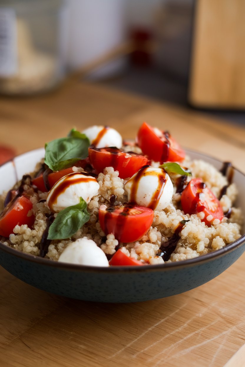 An indoor tabletop bowl of fluffy quinoa mixed with halved cherry tomatoes, mozzarella pearls, fresh basil, and balsamic drizzle; no text or logos; photo