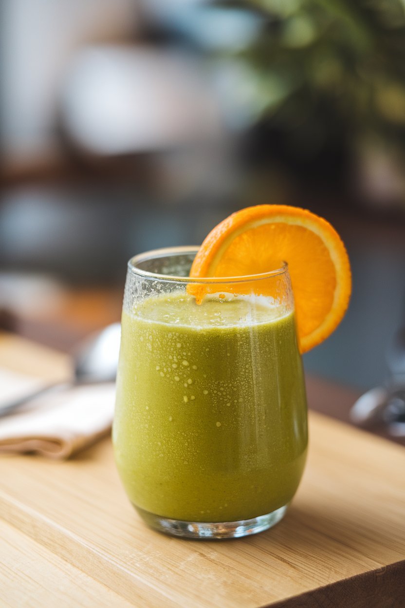 An indoor glass of bright green smoothie with an orange slice on the rim, condensation visible; photo only, no text or logos.