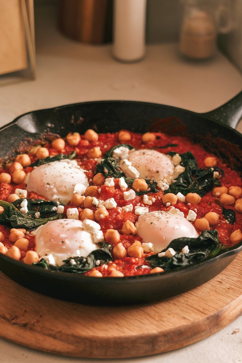 Indoor skillet of tomato sauce with poached eggs, chickpeas, and wilted spinach, sprinkled with feta. No text or logos.