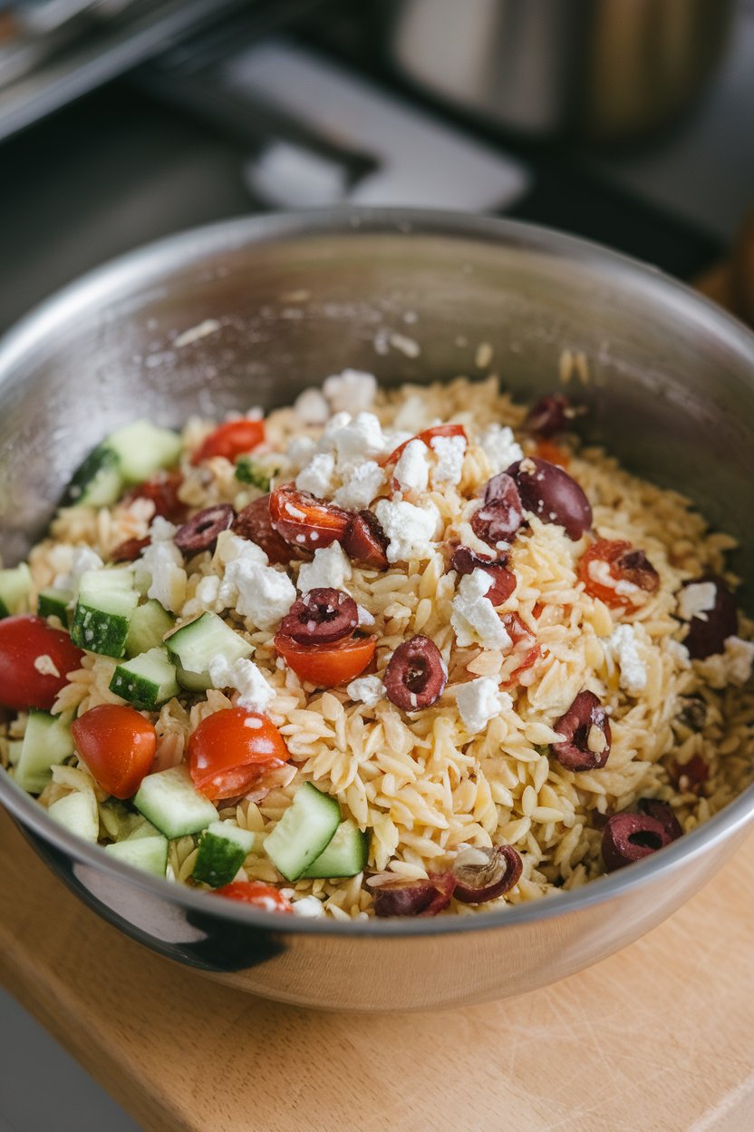 Indoor mixing bowl brimming with cooked orzo, diced cucumber, cherry tomatoes, olives, and feta crumbles, lightly dressed. No text or logos visible.