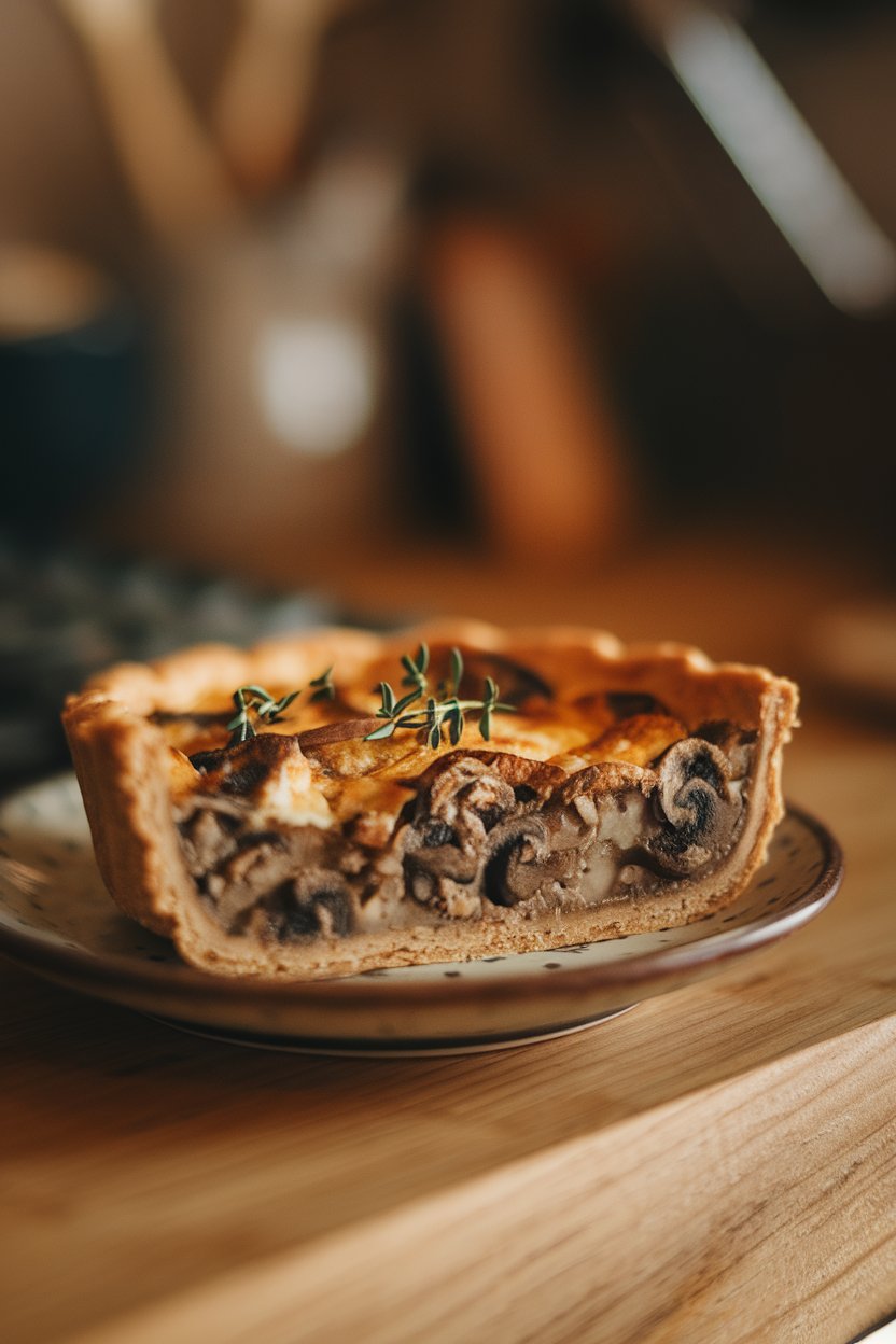 Close-up photo of a mushroom-thyme quiche slice on a small plate, almond crust edge showing, indoor lighting—no text or logos.