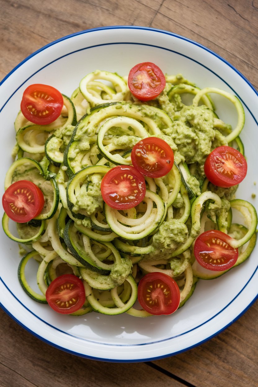 An indoor plate of spiralized zucchini noodles tossed in vibrant green avocado basil pesto, cherry tomatoes scattered on top. No text or logos; photo, not illustration.