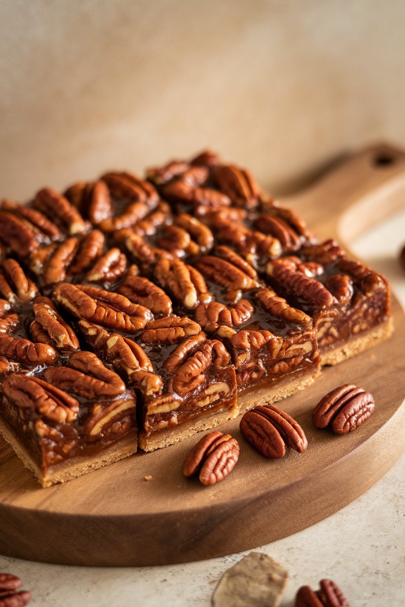 Indoor platter of rectangular pecan pie bars with glossy nut topping, neatly arranged. No text or logos. Photo only.