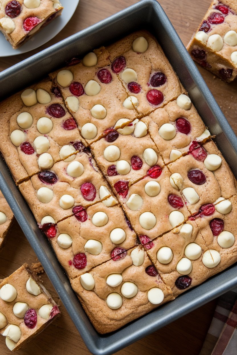Indoor baking pan of blondies dotted with cranberries and white chocolate chunks, cut into squares. No text or logos. Photo only.
