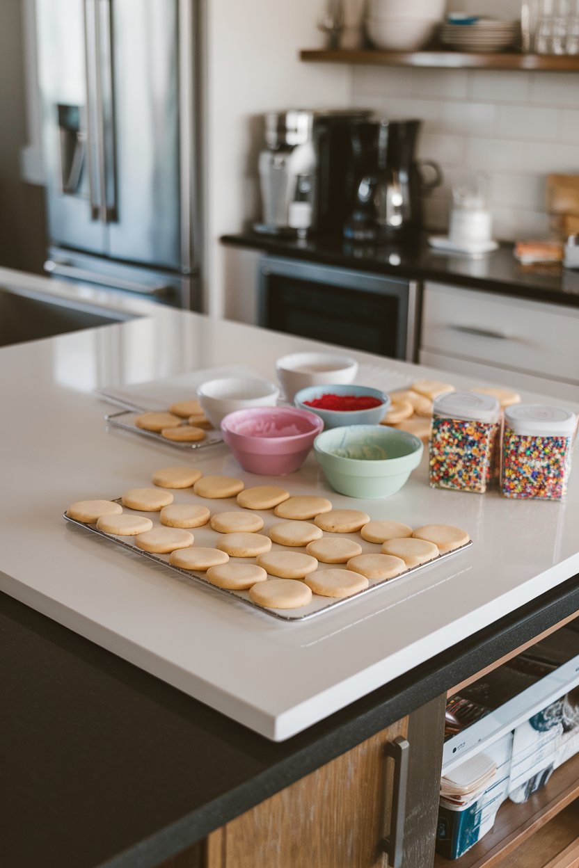 An indoor kitchen island set with plain sugar cookies, bowls of colored icing, and sprinkles, no text or logos on any tools. Photo.