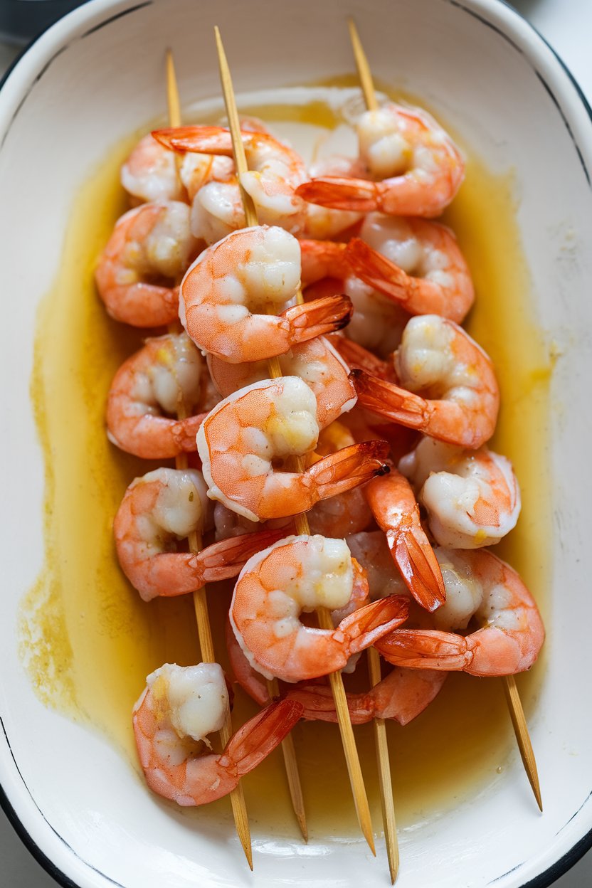 Photo of cooked shrimp skewers glazed with honey-lime sauce, resting on an indoor platter. No text or logos present.