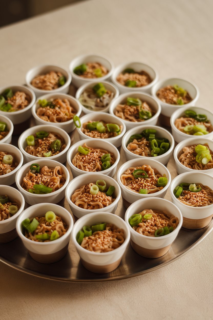 Indoor platter of small cups filled with sesame noodles topped with scallions and toasted sesame seeds. No text or logos. Photo only.