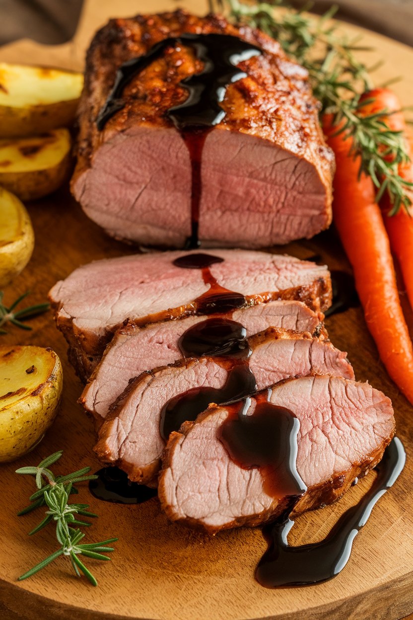 Warm indoor carving board with sliced pork tenderloin drizzled with thick balsamic reduction. No brand names or text.