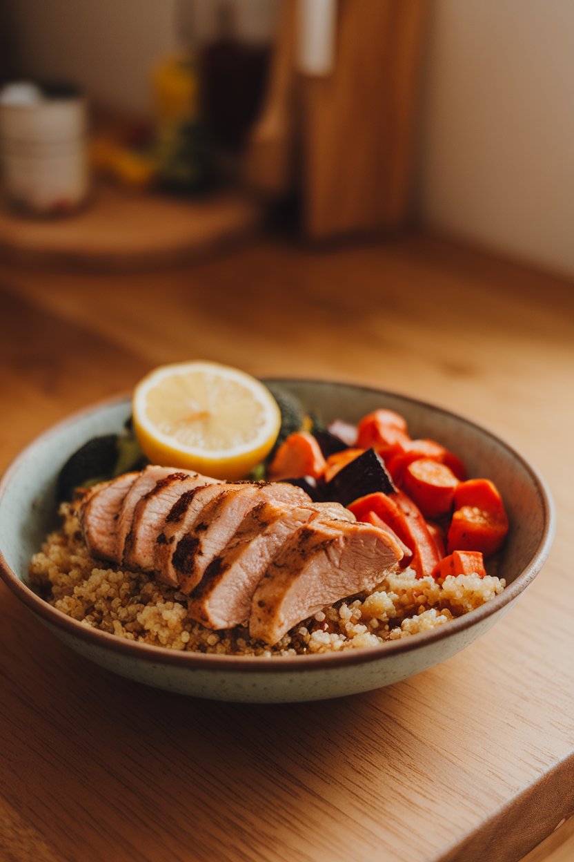 Indoor dining table with a shallow bowl holding grilled chicken slices, fluffy quinoa, roasted veggies, and a lemon wedge on top. No text or logos, photo not illustration.