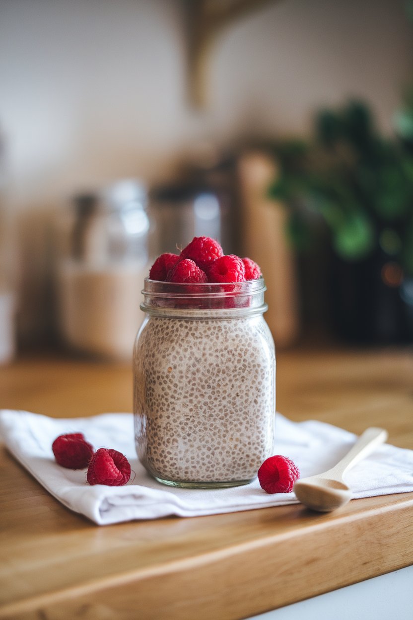 Mason jar on an indoor counter filled with chia pudding topped with fresh raspberries, photographed at eye level. No text or logos.