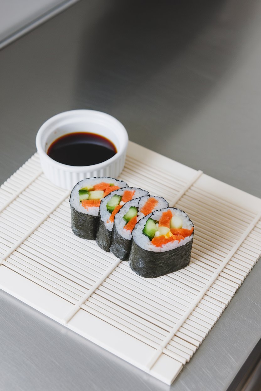 Indoor sushi mat on a countertop displaying sliced rolls filled with cooked carrot, cucumber, and bell pepper, soy sauce ramekin beside. No text or logos, photo not illustration.