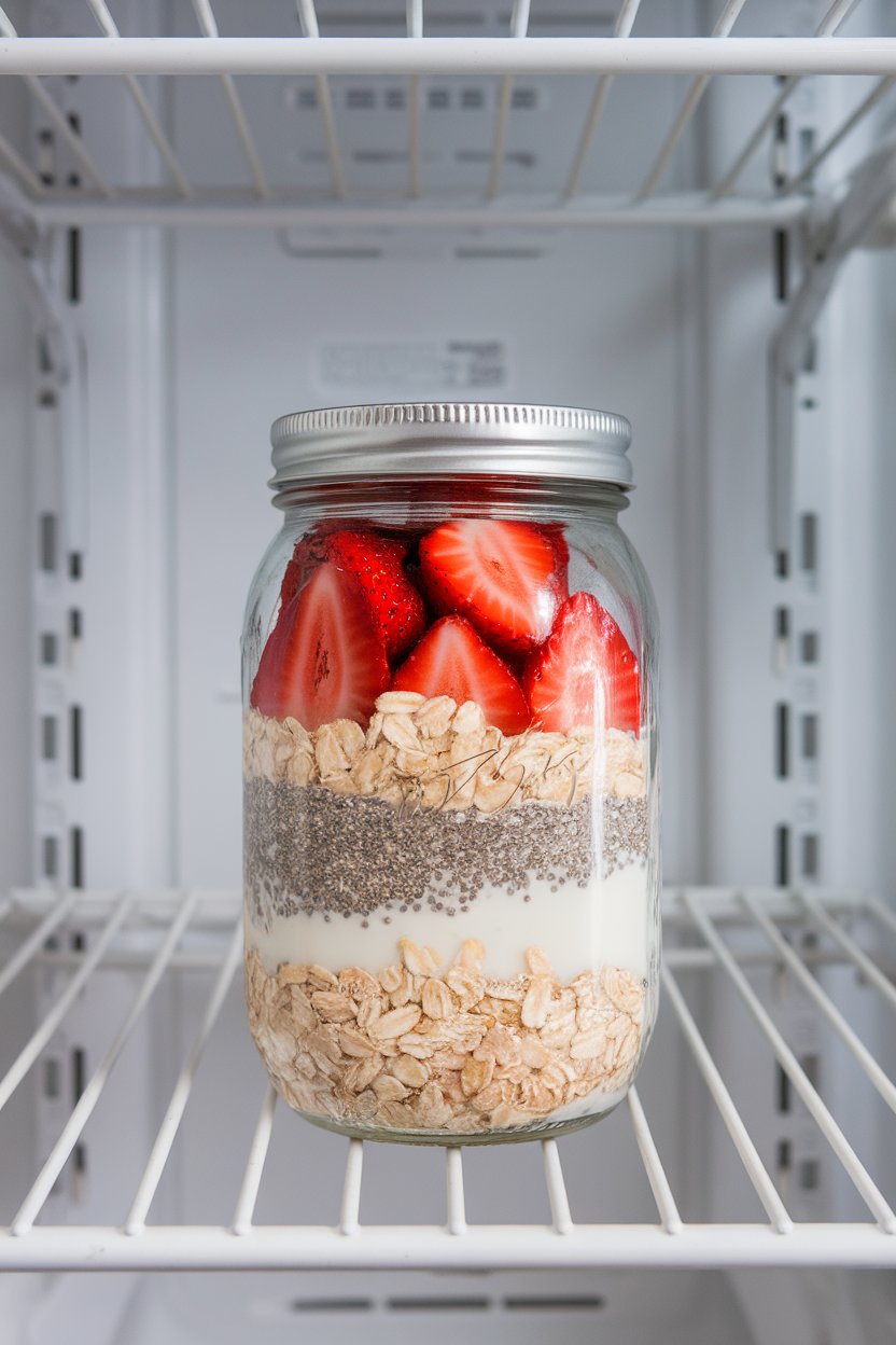 Indoor refrigerator shelf view showing a mason jar of layered oats, chia seeds, almond milk, and sliced strawberries. No logos or text visible.