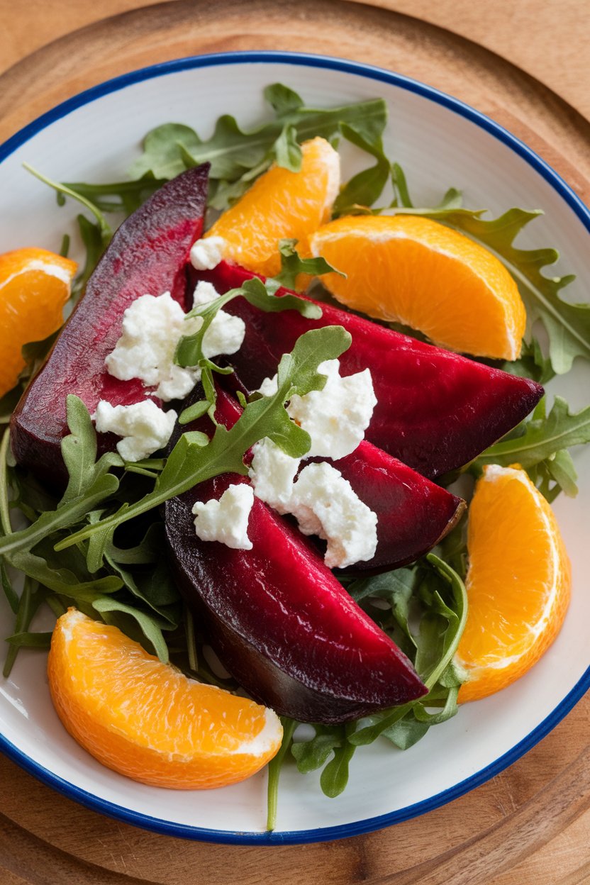 An indoor plate with roasted beet wedges, orange segments, arugula, and crumbled goat cheese; no text or logos; photo.