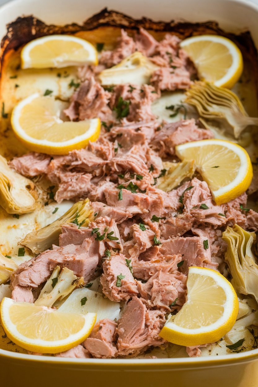 Casserole dish of tuna mixed with artichoke hearts and lemon slices, baked until lightly browned; indoor warm light, no logos.
