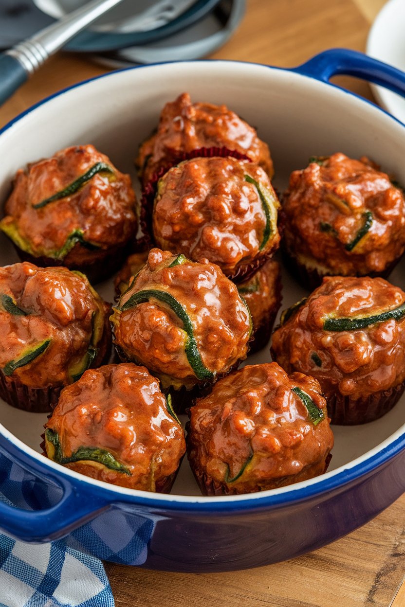 A ceramic indoor dish of small glazed meatloaf muffins flecked with green zucchini; no text or logos.