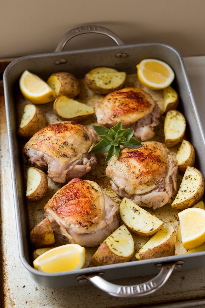 Indoor photo of a roasting pan featuring golden chicken thighs and wedge-cut potatoes flavored with oregano and lemon; oven light, no text or logos
