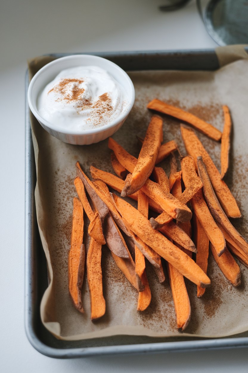 Photo of an indoor tray of baked sweet potato fries dusted with cinnamon, small bowl of Greek yogurt dip alongside, no text or logos.