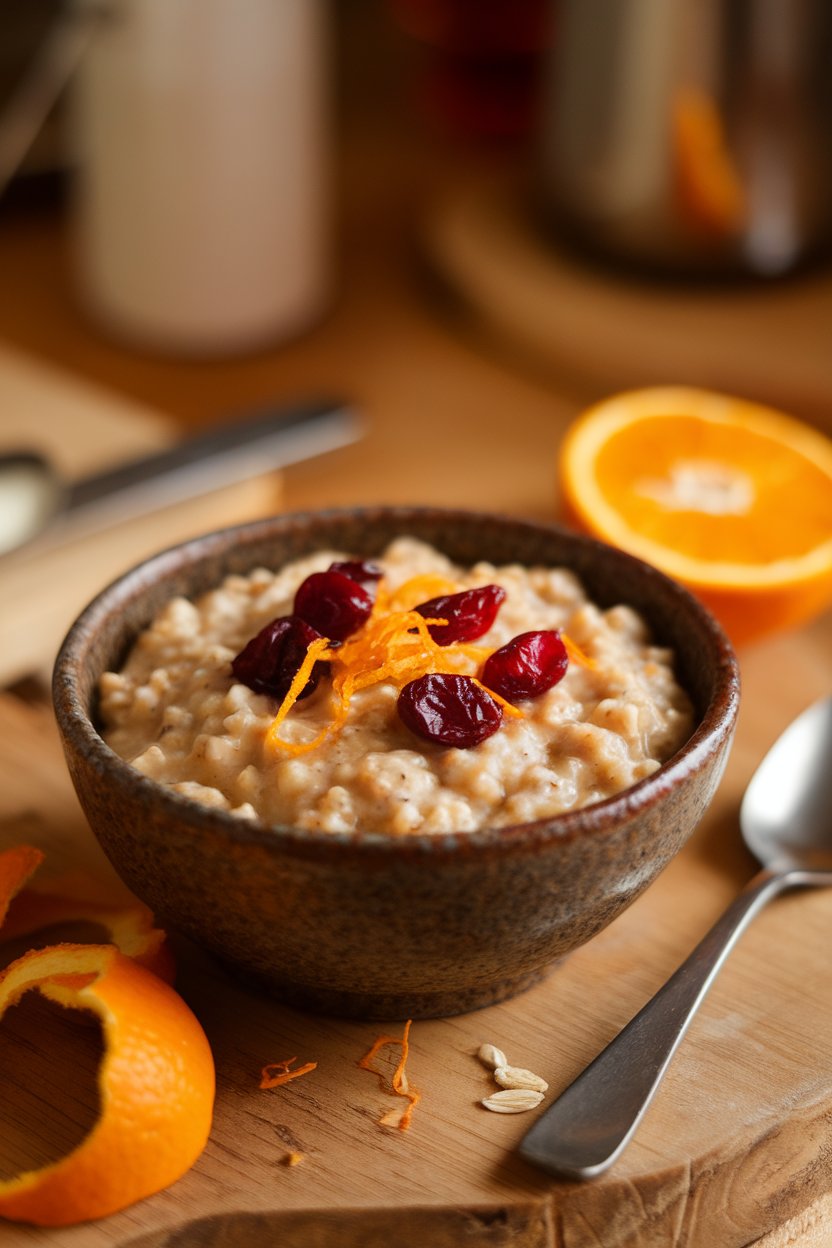 Indoor food photo of oatmeal topped with dried cranberries and orange zest in a rustic bowl; no text or logos.