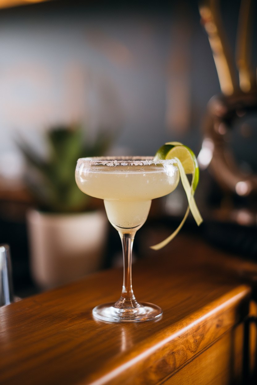 Indoor bar top, flute-rimmed coupe of light margarita topped with bubbly, thin lime ribbon garnish; no logos.