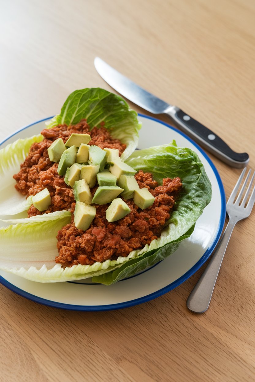 Indoor plate with romaine leaves filled with ground-turkey chili, topped with diced avocado; bright indoor light; photo, no text or logos.