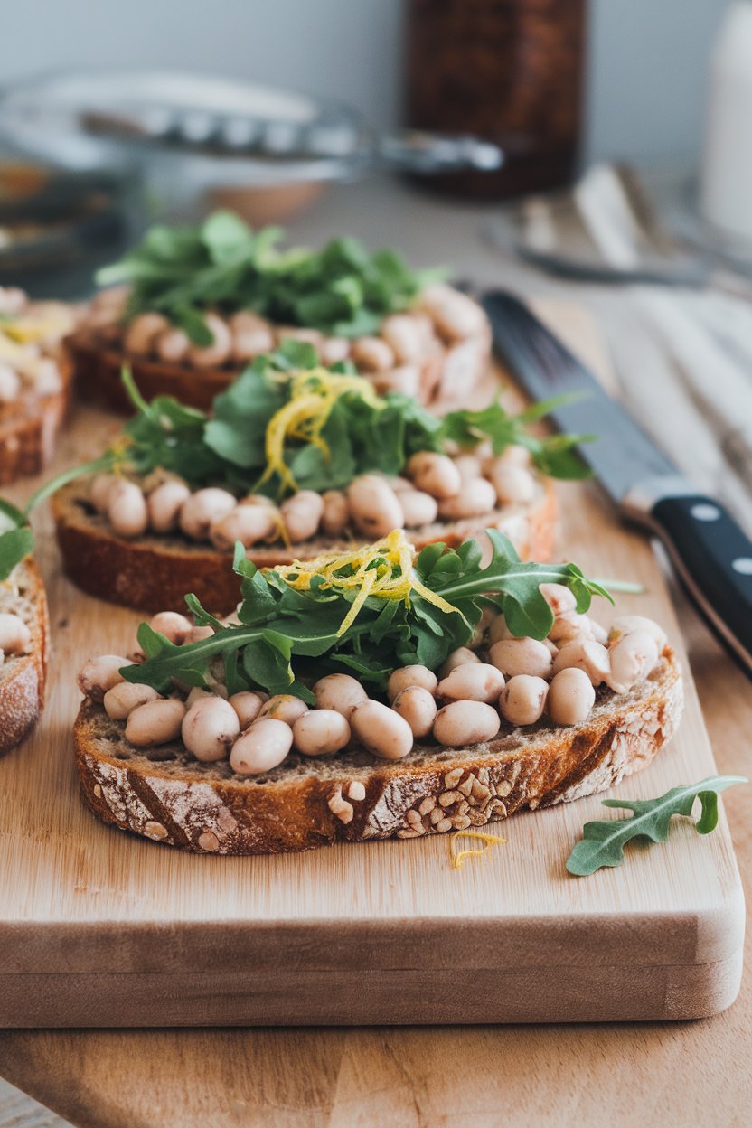 An indoor cutting board with slices of toasted whole-grain bread topped with mashed white beans, fresh arugula, and lemon zest. No brands present.