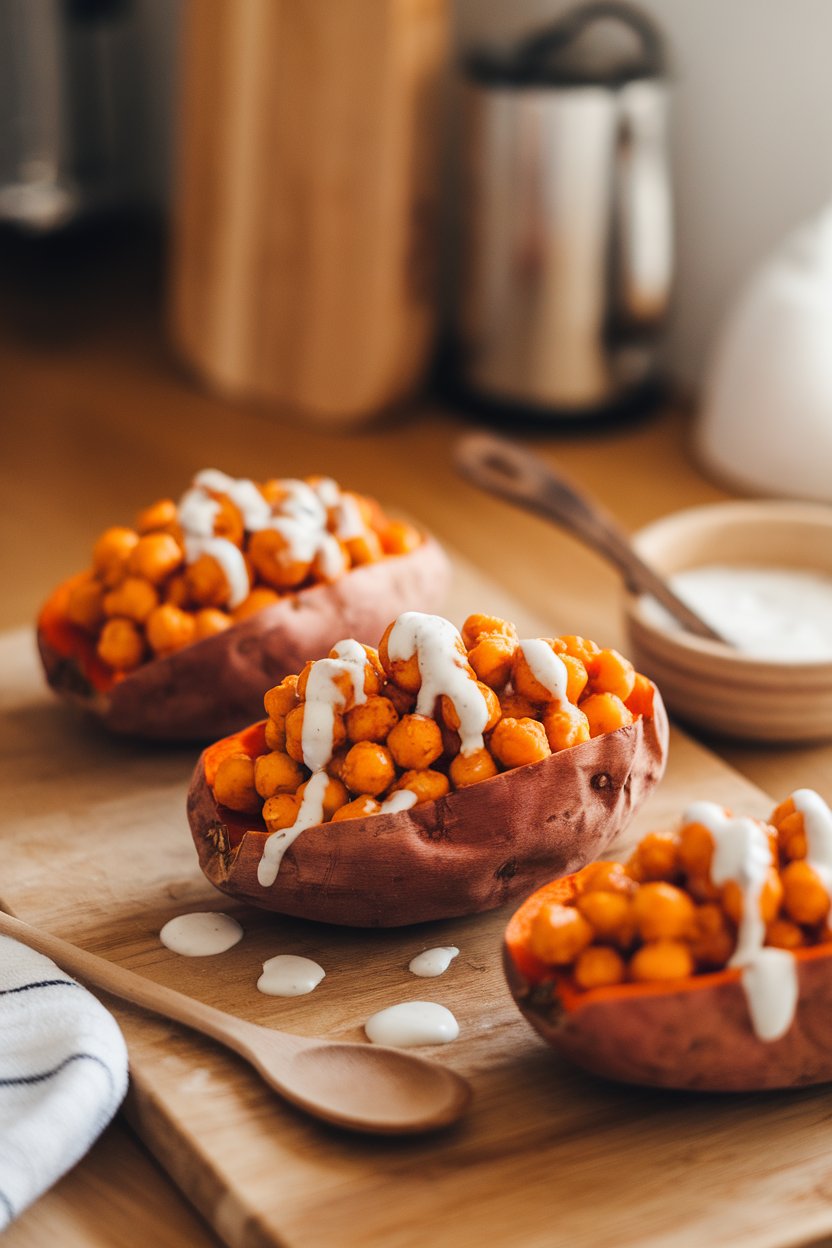 Warm indoor kitchen counter showing halved baked sweet potatoes filled with spicy buffalo chickpeas, drizzled with cashew ranch. No text or logos.
