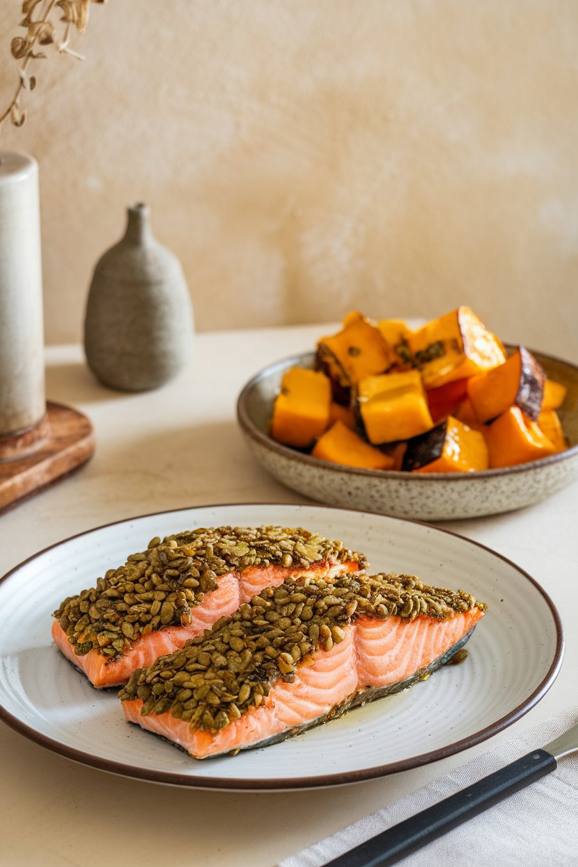 An indoor dining table with salmon fillets coated in green pumpkin seed crust, paired with roasted squash cubes. No visible logos or text.
