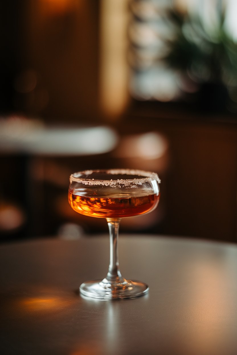A dimly lit indoor setting with a coupe glass of amber Sidecar, sugared rim catching the light. No logos present.