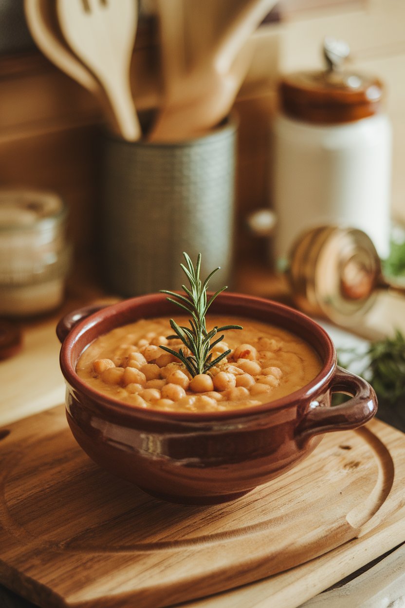 Indoor Italian kitchen scene with a ceramic bowl of chickpea soup, rosemary sprig on top. No text or logos. Photo.