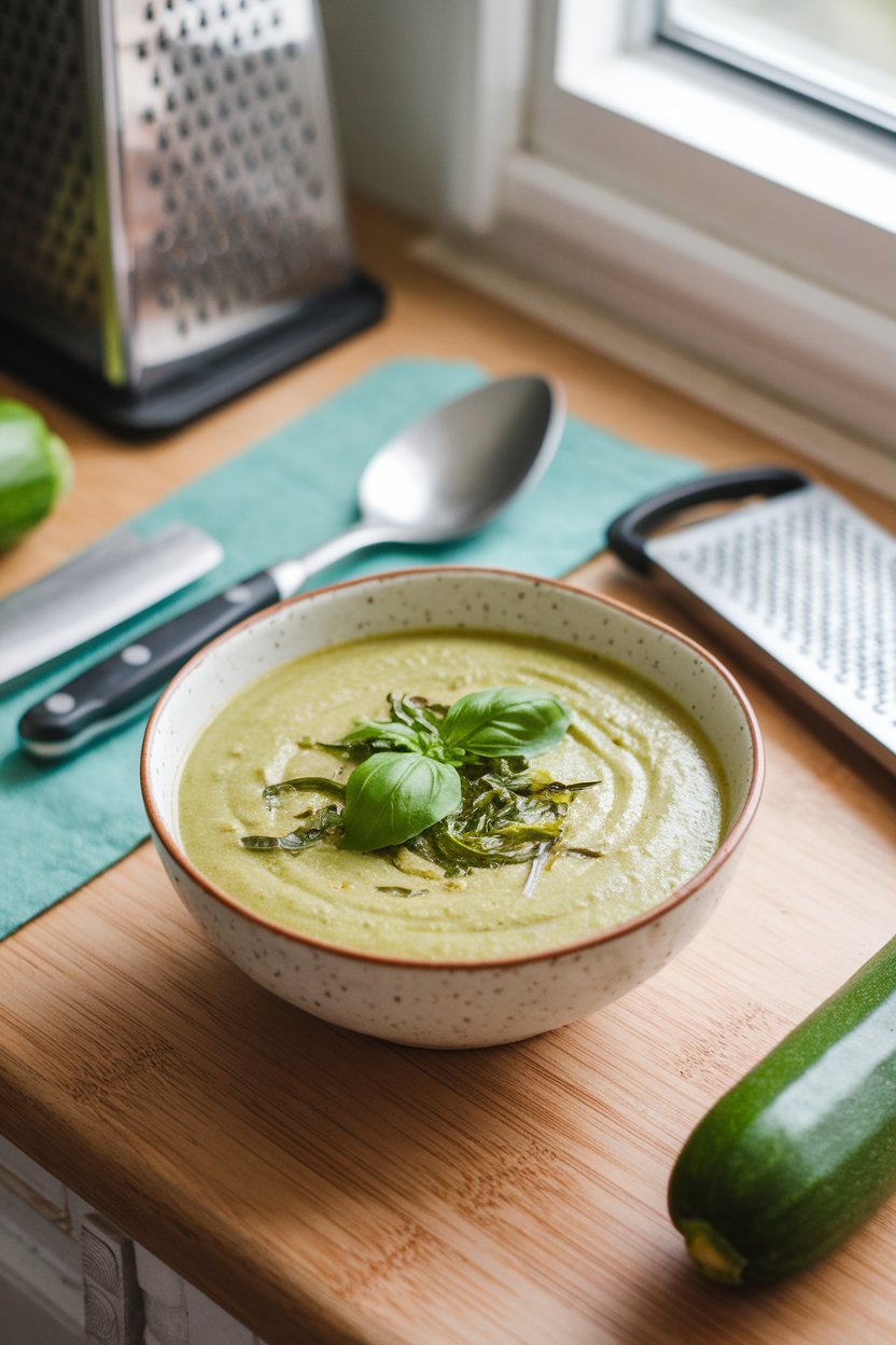Indoor summer kitchen counter with bowl of pale green zucchini basil soup, basil chiffonade on top. No text or logos. Photo.
